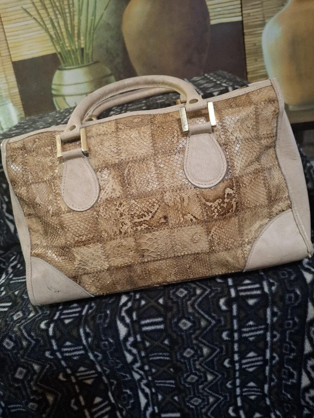 Beige Snake-Texture Satchel Handbag